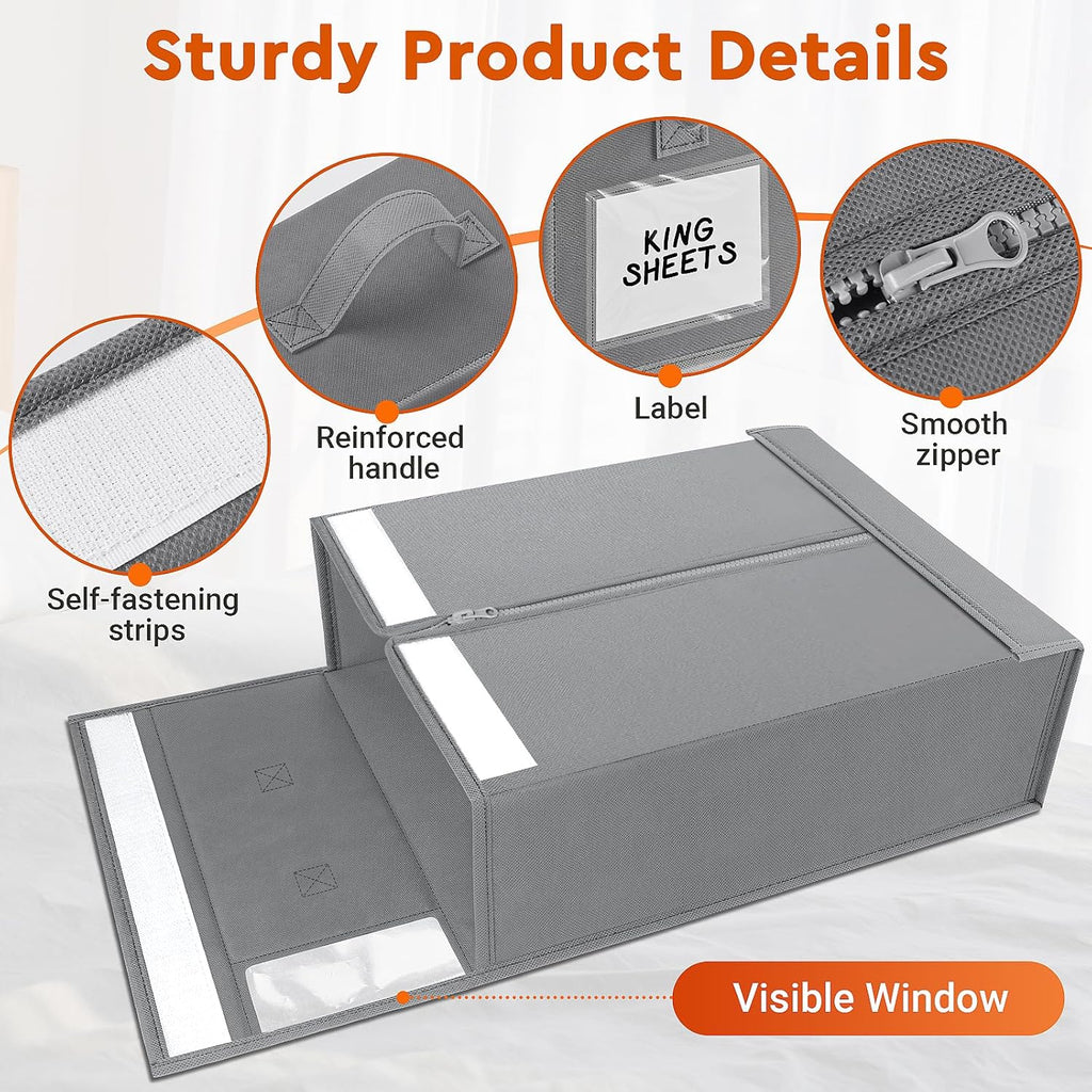 6 Pack Bed Sheet Closet Organizers and Storage,Sturdy Foldable Storage Containers with Window and Label,Storage and Organization for Bedding Sheets,Duvet Covers,Blankets (Grey)