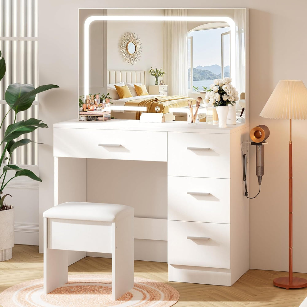 LIVELYGLOW 35.4" White Vanity Desk Set with Full-Width LED Mirror & ...