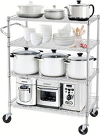 Finnhomy 4 Tier Heavy Duty Commercial Grade Rolling Cart with Handle Bar, Metal Wire Utility Cart with Wheels, Kitchen Service Trolley on Wheels, Shelf Size 18" D x 36" W, NSF, Chrome