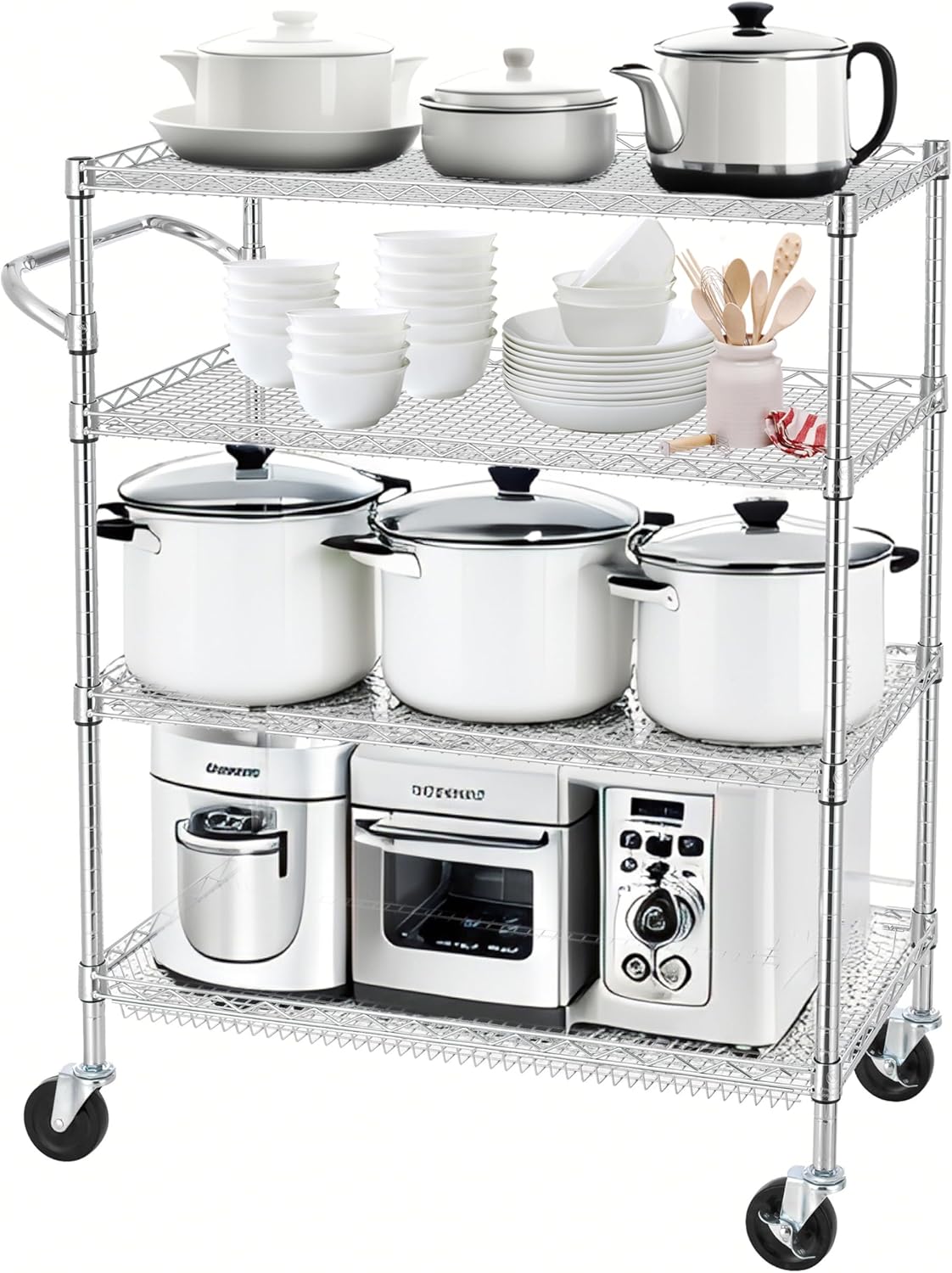 Finnhomy 4 Tier Heavy Duty Commercial Grade Rolling Cart with Handle Bar, Metal Wire Utility Cart with Wheels, Kitchen Service Trolley on Wheels, Shelf Size 18" D x 36" W, NSF, Chrome