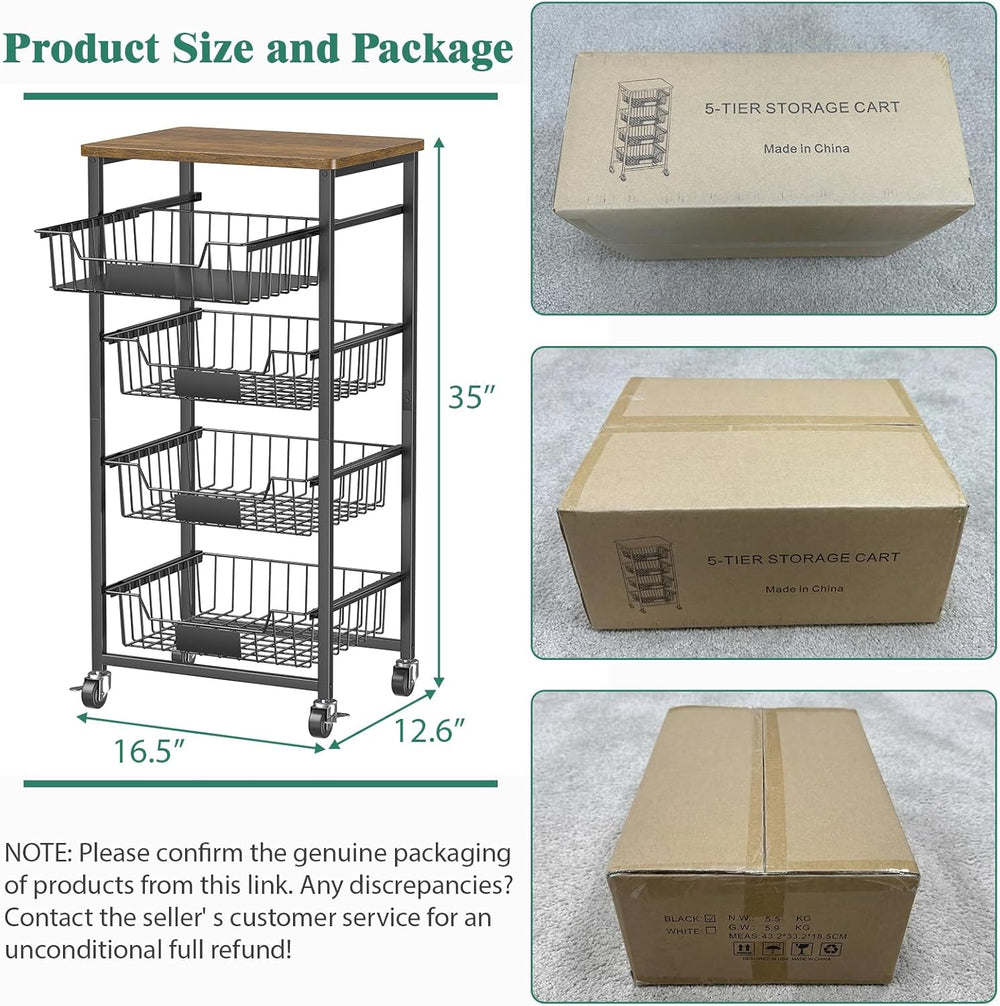 OKZEST Fruit Basket, 5-Tier Utility Kitchen Organizer and Storage Cart with P...