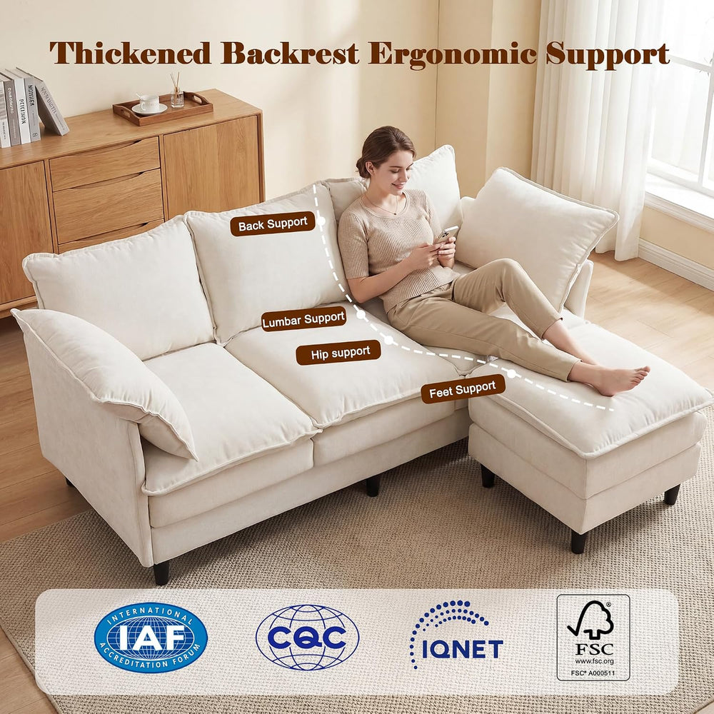 69" Couch Sofa L-Shape 3 Seat with Ottoman, Small Cloud Sofa Double-Laye...
