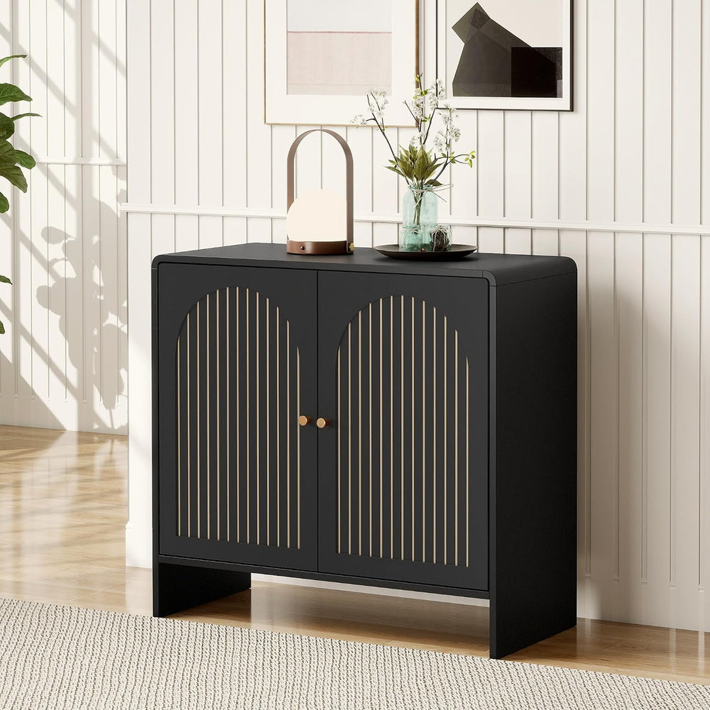 Black Sideboard Buffet Cabinet with Storage, Wood Arched Storage Cabinet with...