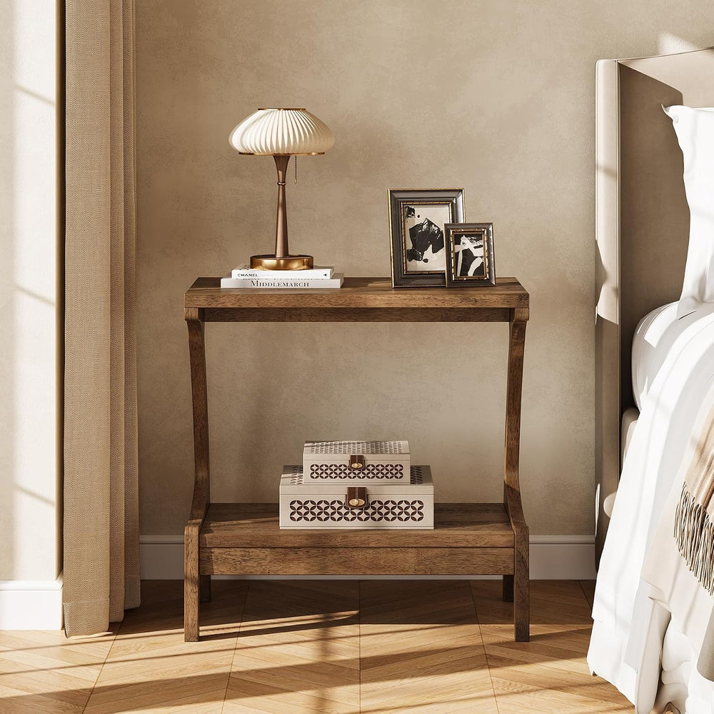 Solid Wood End Table with Storage Shelf, Small Accent Table for Living Room, ...
