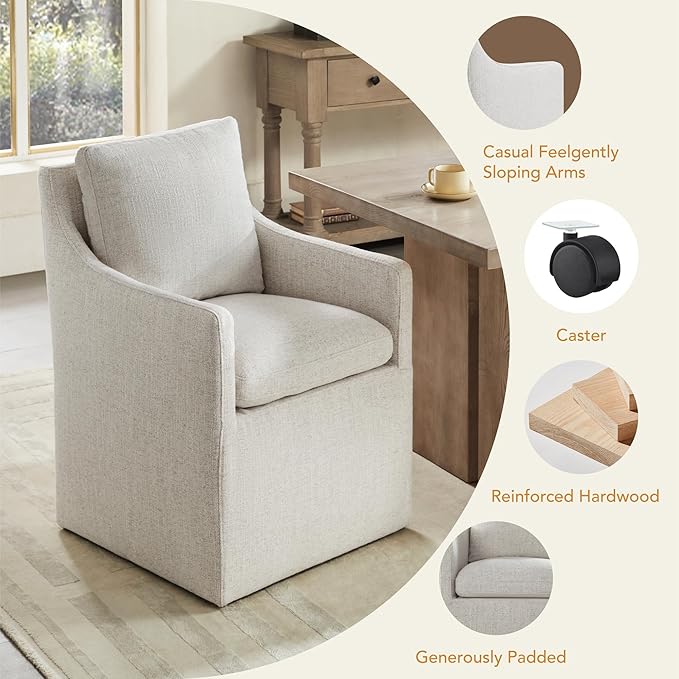 Upholstered Dining Chairs with Casters, No Assembly Modern Accent Armchair with Rollers for Dining Room, Bedroom, Living Room, Reading Room, Already Assembled, Linen, 2 Box