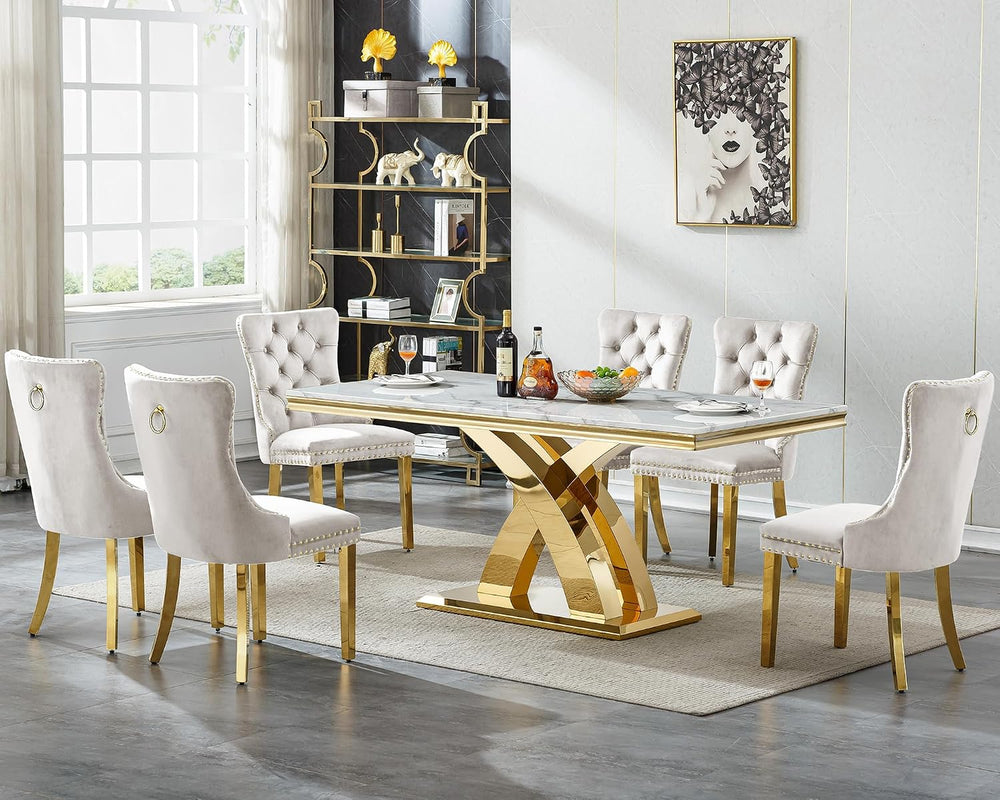 Modern Marble Dining Table for 6-8, 68" Faux Marble Kitchen Table with G...