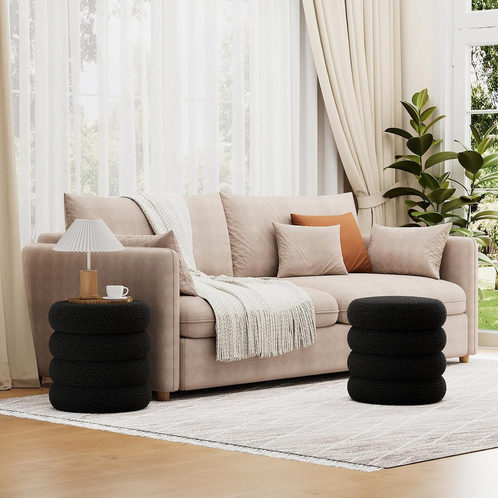 Soft Teddy Round Ottoman with Tray, 17.5 Inches Ottoman Coffee Table with Sto...