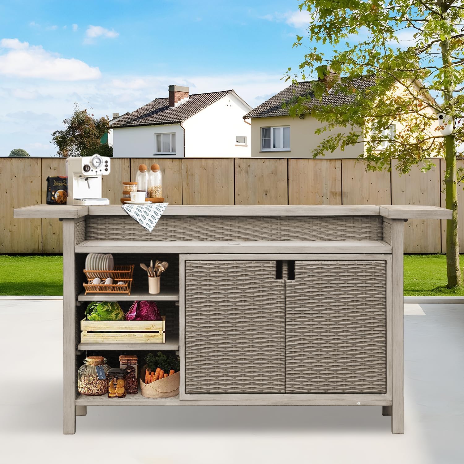 Domi Outdoor Home Bar Unit, All-Weather Wicker & Aluminum Frame Farmhouse Bar Furniture with Storage, Waterproof Rattan Buffet Table with Shelves and Cabinet, Easy-to-Clean for Patio Kitchen