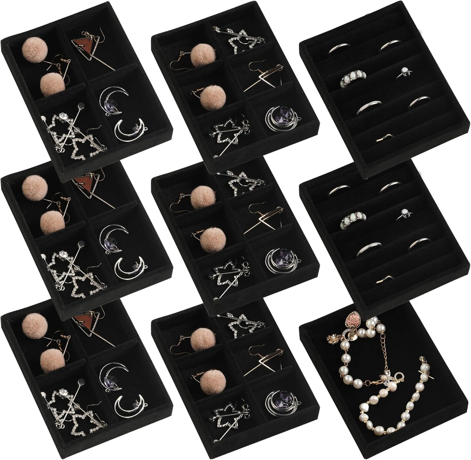 Frebeauty Small Jewelry Tray Set,Stackable Velvet Jewelry Organizer Tray,Mini Jewelry Drawer Organizer,Drawer Inserts,4.92 x 3.74 x 0.9 Inches,Earring Organizer for Women(Set 9,Black)