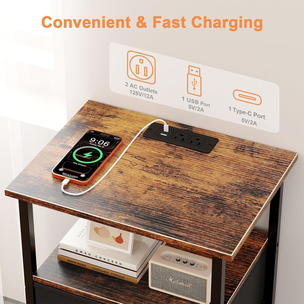 Nightstand with Charging Station, Bedside End Table with 2 Fabric Drawers for...