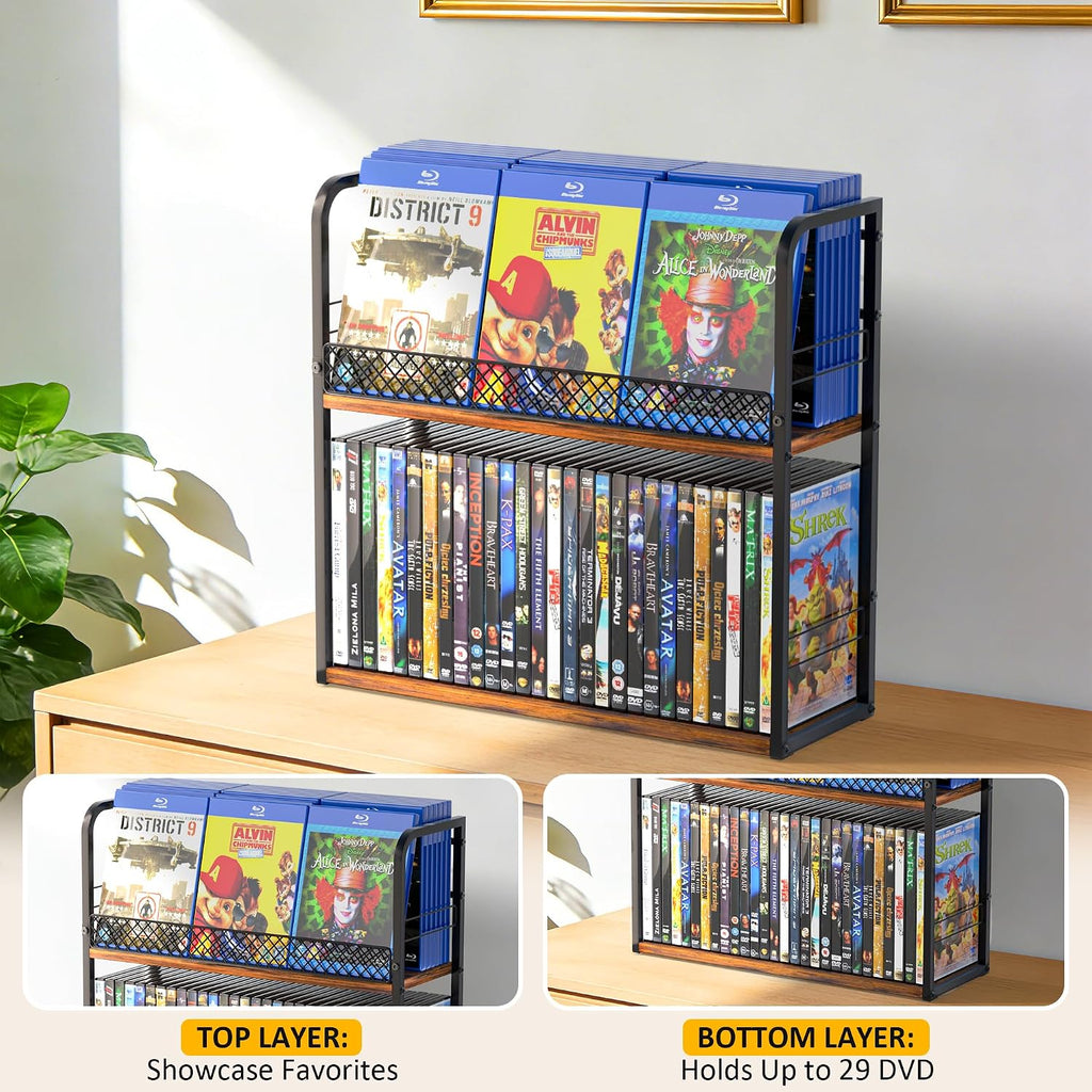 Alyoen 2-Tier DVD Storage Rack, DVD Shelf, DVD Holder Organizer with Display Top Shelf & Non-slip Pads, Stores Up to 56 DVDs, Retro DVD Stand Tower for Music Enthusiasts, Collection