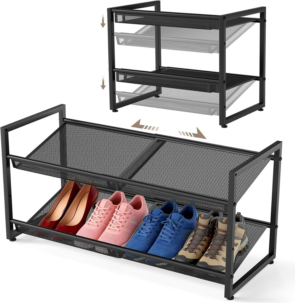 Expandable Shoe Rack, 2 Tier Adjustable Shoe Organizer with Flat & Slant Dual Use Design, Space Saving Shoes Stand for Closet & Entryway, Sturdy Dense Metal Grid Shoe Holder for High Heels, Sneakers