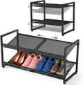 Expandable Shoe Rack, 2 Tier Adjustable Shoe Organizer with Flat & Slant Dual Use Design, Space Saving Shoes Stand for Closet & Entryway, Sturdy Dense Metal Grid Shoe Holder for High Heels, Sneakers
