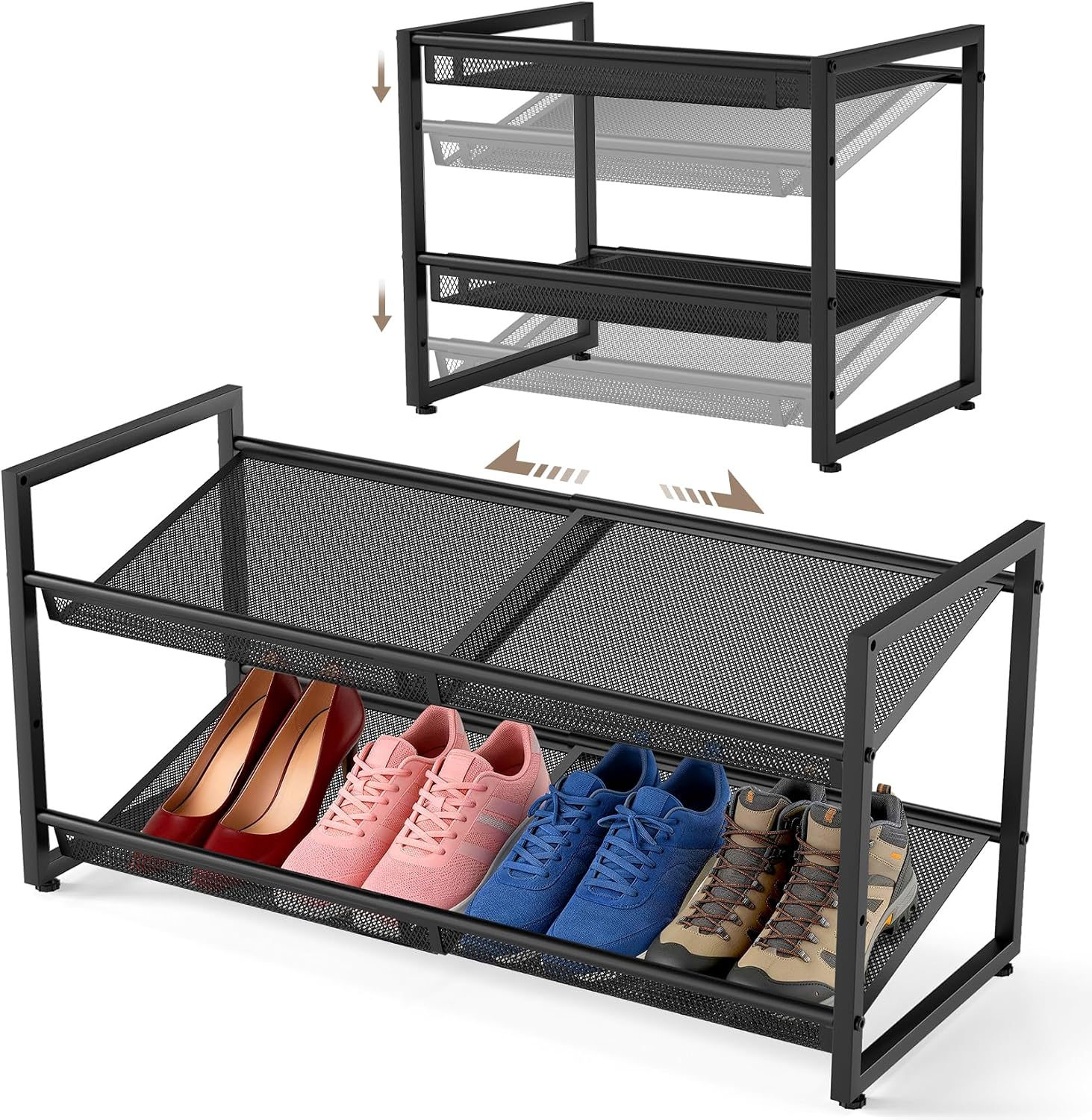 Expandable Shoe Rack, 2 Tier Adjustable Shoe Organizer with Flat & Slant Dual Use Design, Space Saving Shoes Stand for Closet & Entryway, Sturdy Dense Metal Grid Shoe Holder for High Heels, Sneakers