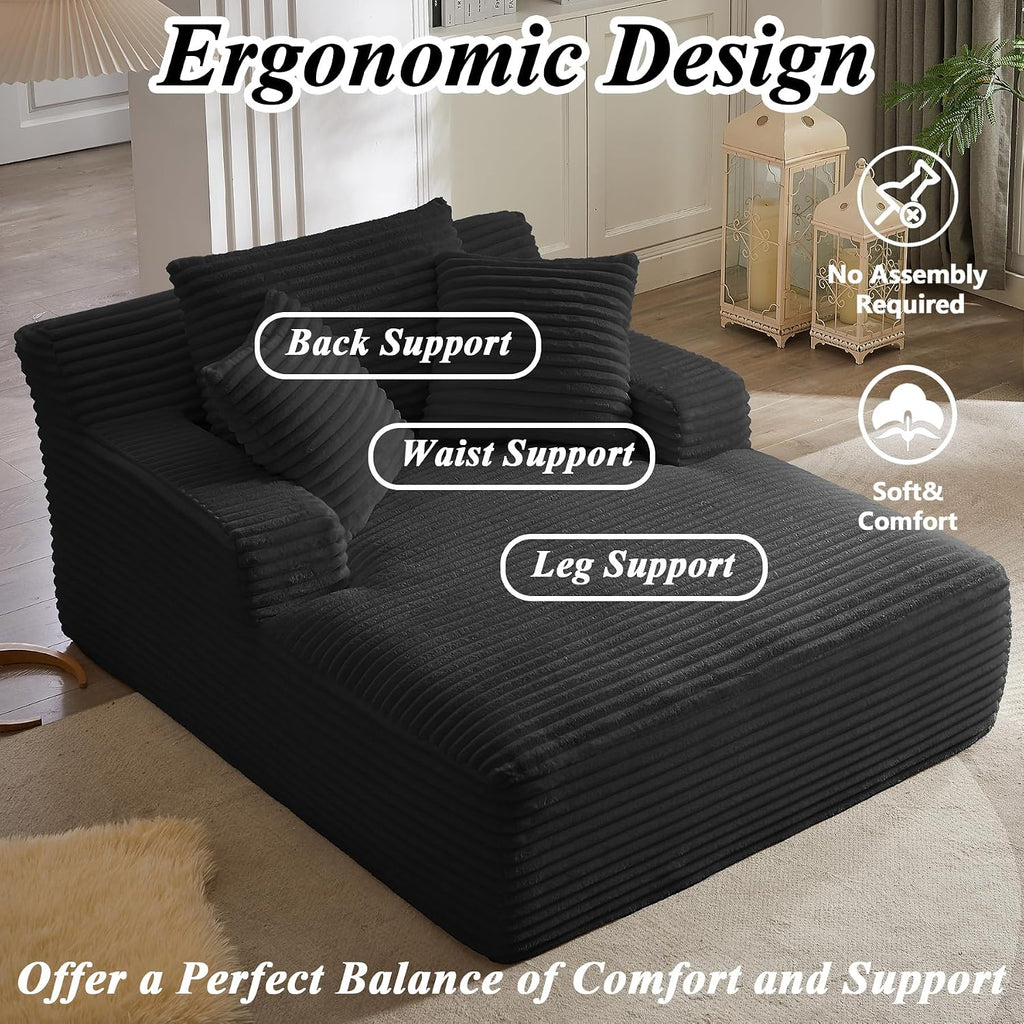 67 Inch Boneless Couch, Oversized Chaise Lounge Sofa, Corduroy Chaise Lounge Chair Indoor with Comfy Pillows for Living Room Bedroom, Foam Filling, No Assembly (Black)