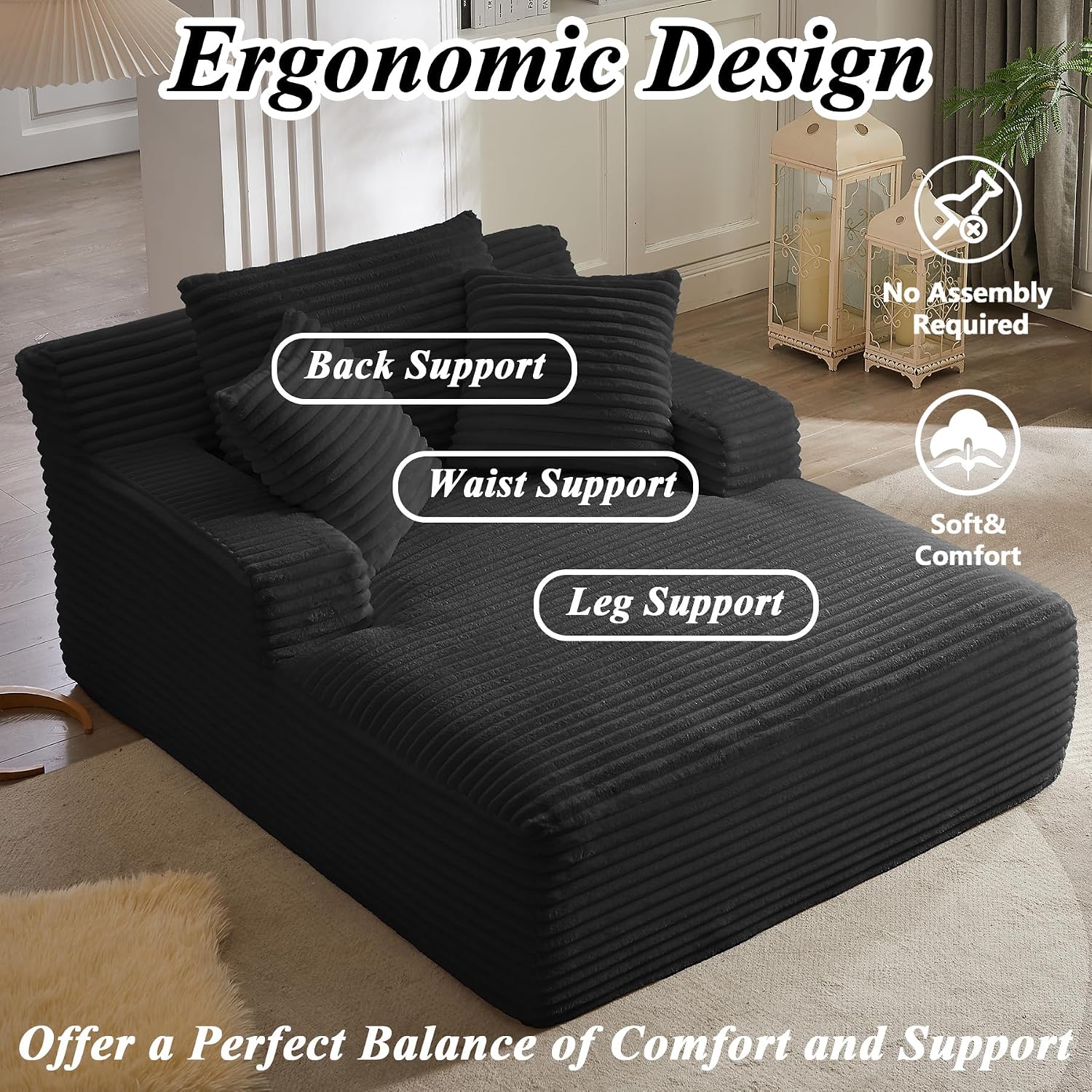 67 Inch Boneless Couch, Oversized Chaise Lounge Sofa, Corduroy Chaise Lounge Chair Indoor with Comfy Pillows for Living Room Bedroom, Foam Filling, No Assembly (Black)