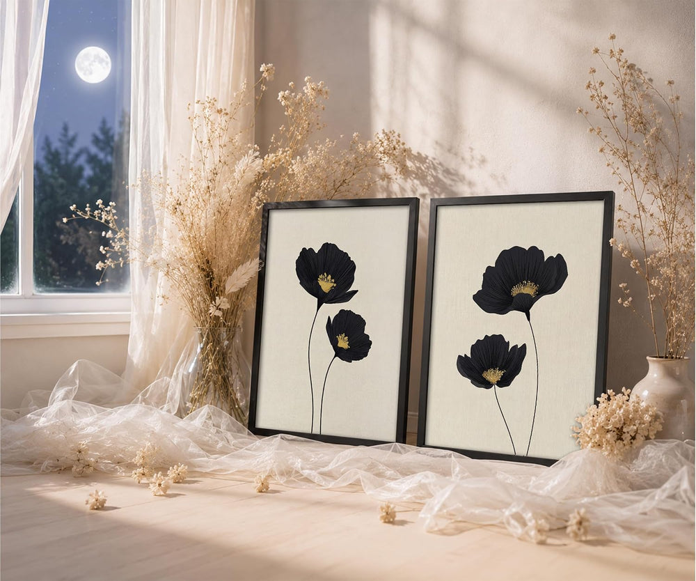 Minimalist Black Gold Flower Bathroom Wall Art Poppy Botanical Art Print