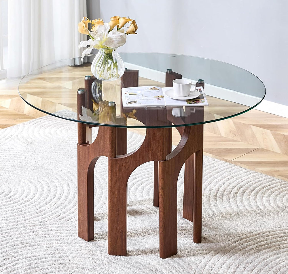 Glass Round Dining Table for 4 6 Person, 46 Inch Glass Kitchen Dining Room Ta...