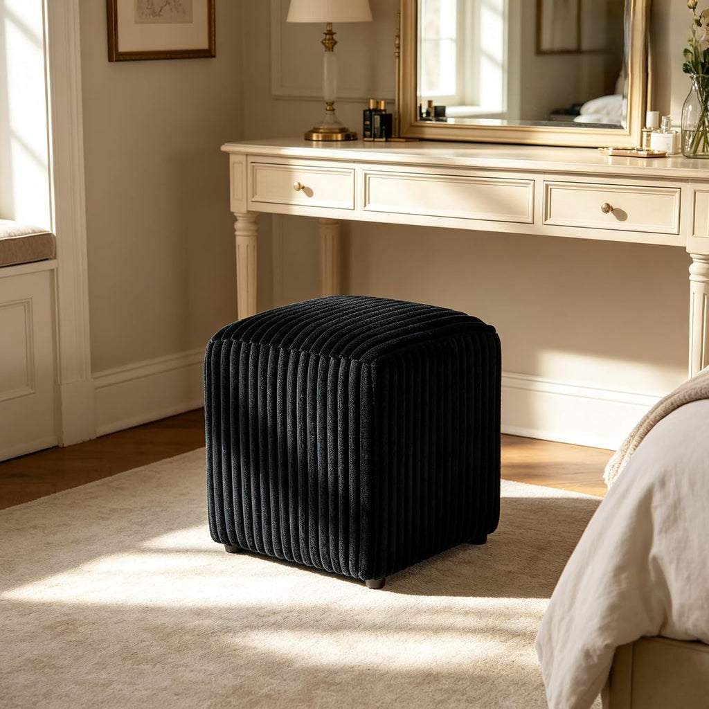 YDcosyfy Modern Cube Ottoman Set of 2, Corduroy Vanity Stool Footrest, Upholstered Stool for Makeup, Bedroom, Living Room, Black
