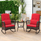 ORALNER 3 Pieces Patio Rocking Chair Set, Wicker Bistro Set (Red) | Outdoor Furniture, Rattan Rocker Set, Cushions, Pillows, Glass Coffee Table, for Balcony Front Porch Poolside Garden Deck