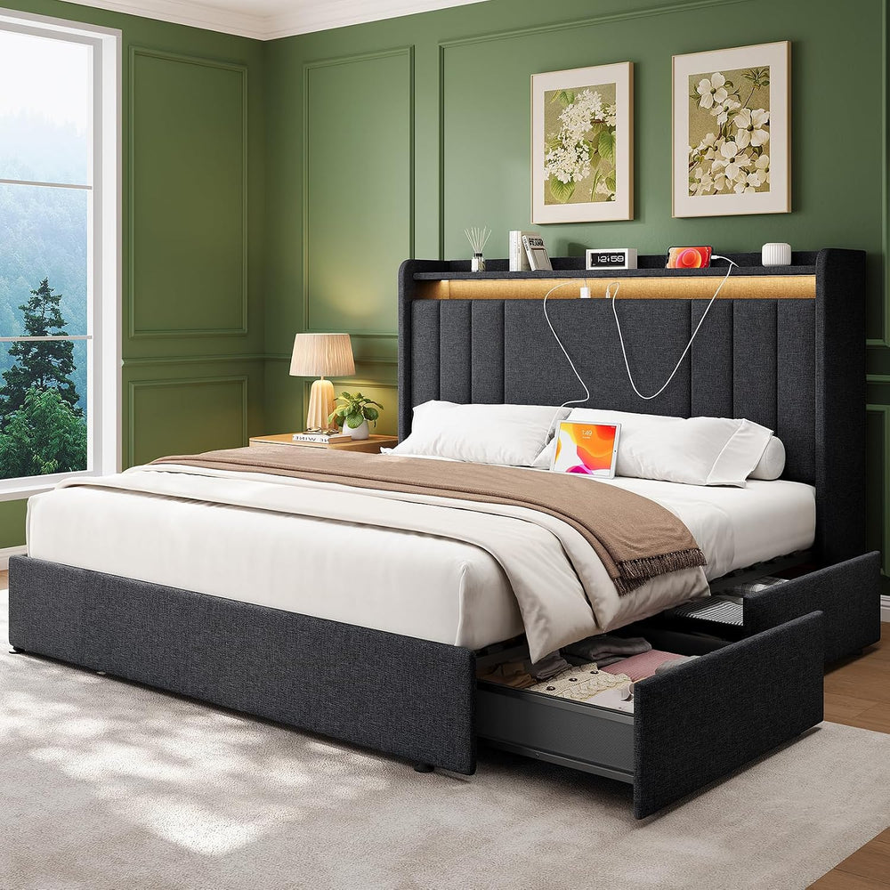 Queen Size Bed Frame with 4 Drawers, 51" Tall Storage Headboard, Grey