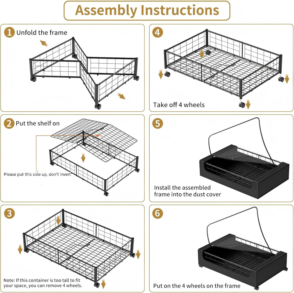 Under Bed Storage with Wheels and Cover, 360° Rolling Under Bed Metal Drawers for Clothes, Blankets, Books and Shoes,Black