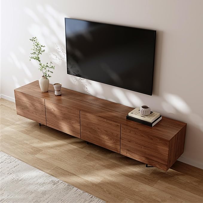 Modern Walnut TV Stand – Long Media Console with 4 Doors, Large Concealed Storage, Cable Management & Metal Legs, Contemporary Entertainment Center for Living Room (Walnut Brown, 86.6")