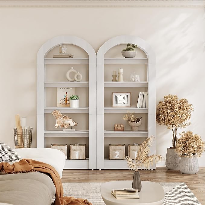 LITTLE TREE 5-Tier Bookshelf, Arch-Shaped Racks, Tall Standing Wooden Bookcase Display Shelf Modern Storage Solution, White