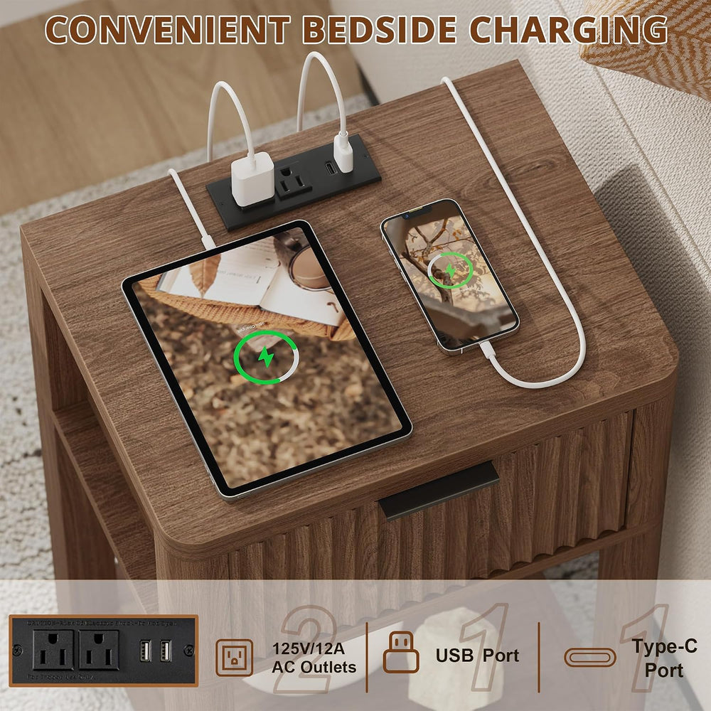 MECHYIN Nightstand Set of 2 with Charging Station, Fluted Bedside Table with ...