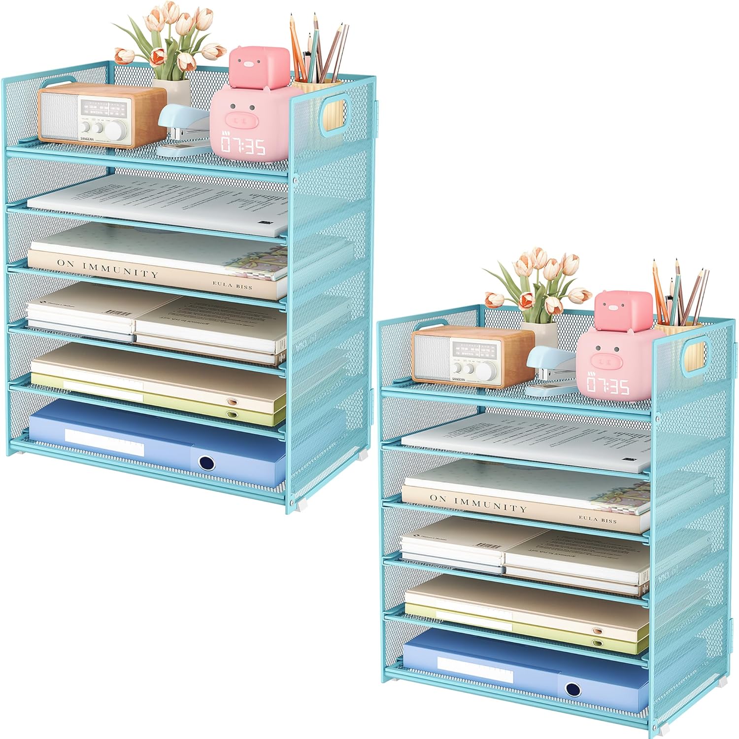 Subekyu 6-Tier Desk Paper Organizer, Desktop File Letter Tray with Handle, Document Sorter and Accessories Holder for Office, Home and School Workspace Organizers, Blue-2 Pack