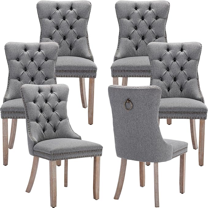Modern Dining Chairs Set of 6, Tufted Upholstered Dining Chairs with Solid Wood Legs, Grey Linen Fabric Kitchen Chair, Sillas de Comedor, Comfy Kitchen Chair (Gray, Linen, 6Pcs)
