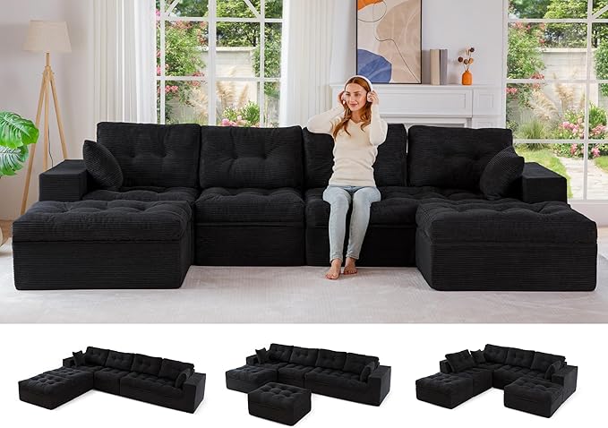MAXYOYO 132" U Shaped Modular Sectional Sofa with 2 Ottomans, Cloud Boneless Couch with Layered Cushion, Flexible Module Combination Sofa for Living Room, No Assembly Required, Black