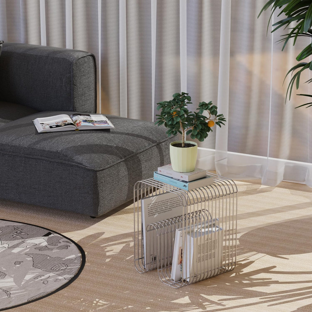 N-Shape Retro Side Table, Accent Bedside Table for Living Room, Stainless Ste...