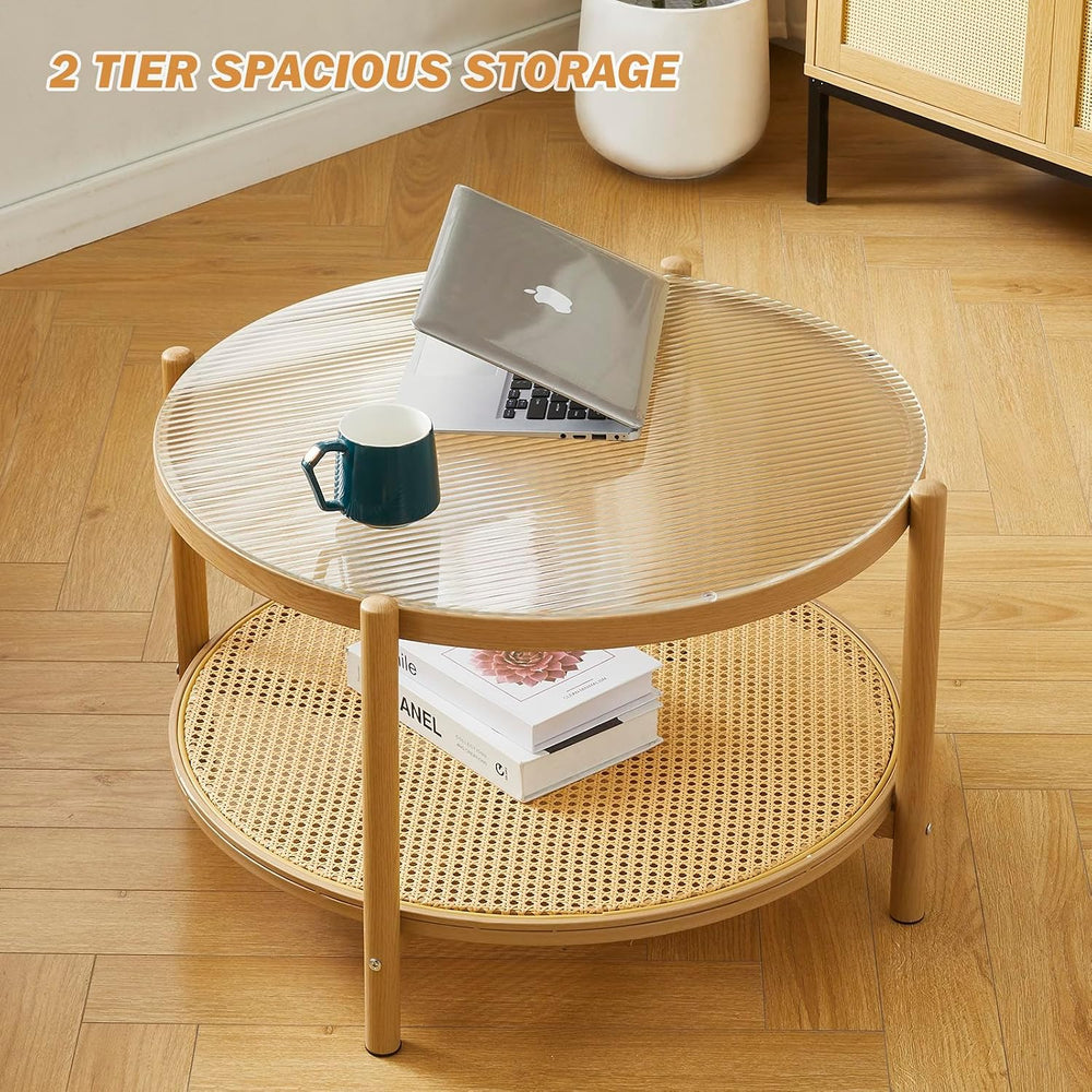 Boho Rattan Coffee Table Set of 2, Round Glass Living Room Table Set | Temper...