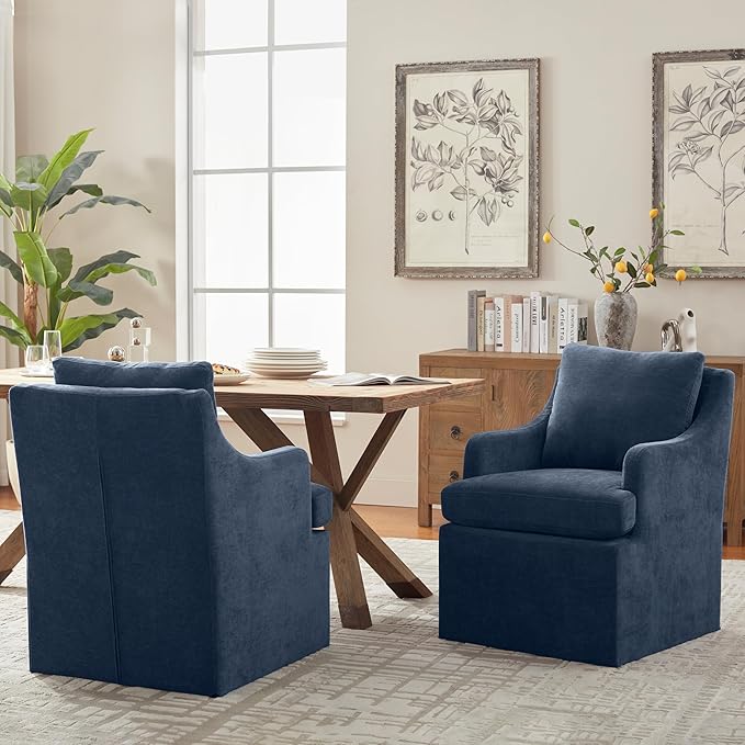 VKNOW Upholstered Dining Chairs Set of 4, Linen Kitchen Chair Dinner Chair with 4 Casters, Chenille Armchair for Bedroom Reading Room Living Room, Blue