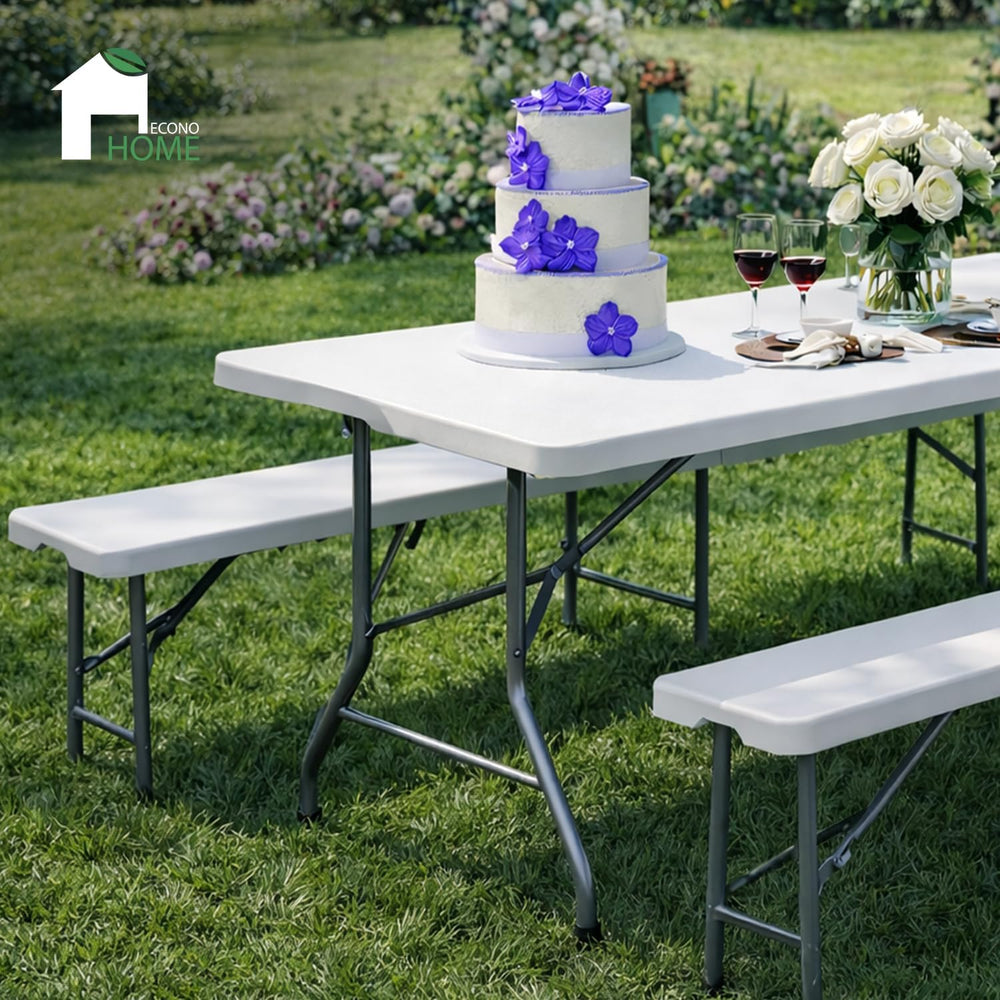 EconoHome 6 Ft White Plastic Folding Table Set with 2 Benches – Heavy-Duty Pi...