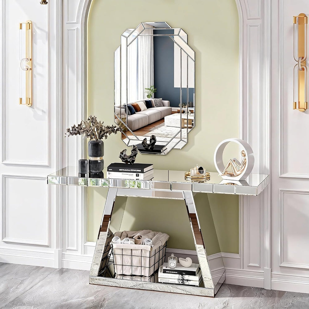 55.9" Full Body Mirror Entryway Table with Trapezoid Base 360° Reflectiv...