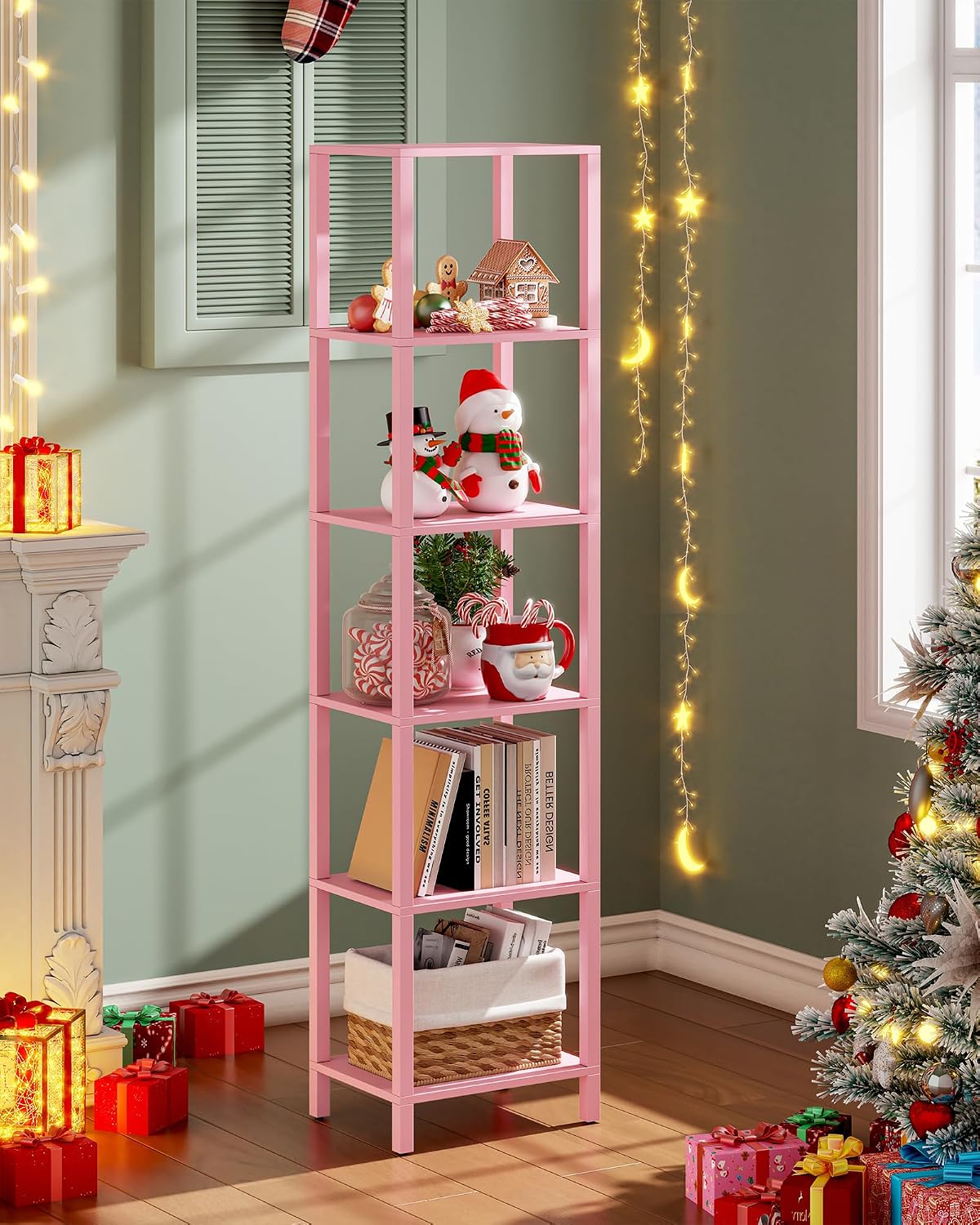 TUTOTAK Bookshelf, 6-Tier Tall Narrow Book Shelf for Small Space | 10.7 x 14.5 x 65.3 Inches Skinny Display Shelf with Storage for Living Room, Office, Study, Entryway, Pink BS01BP006