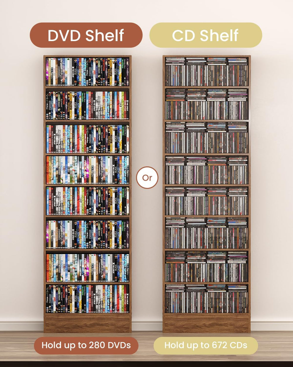 8 Tier DVD Storage Shelf with Adjustable Shelves fits Over Baseboard