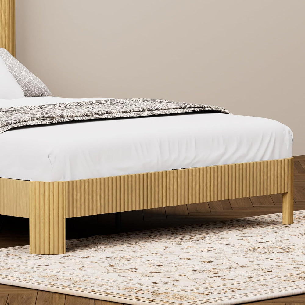 Peanu Queen Bed Frame, Storage Headboard, Charging Station, Silent, Natural