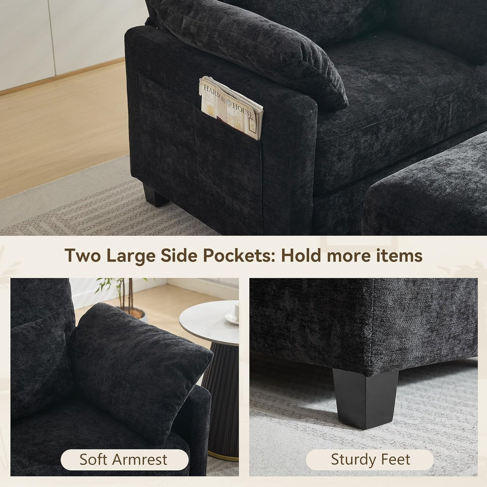57.5" Oversized Chenille Chair with Movable Ottoman, Black Deep Seat Com...
