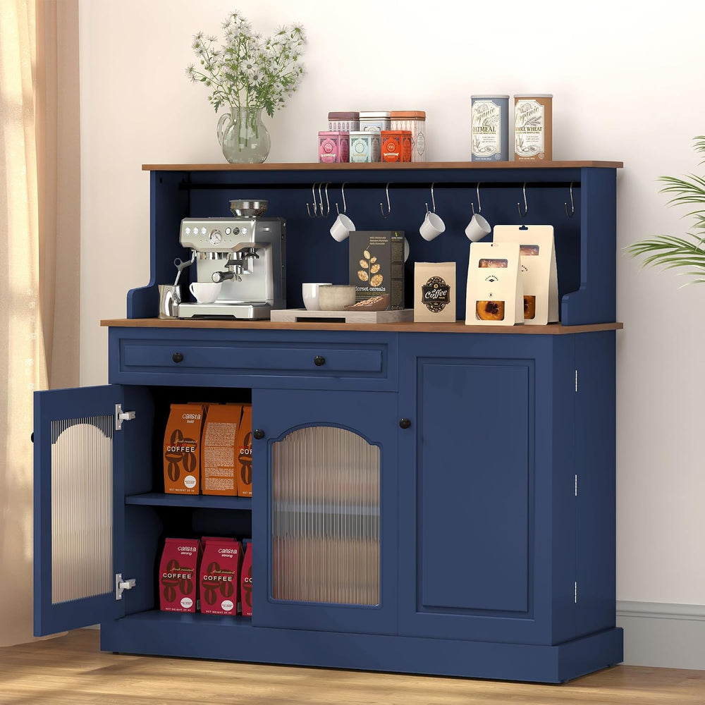 ARTPOWER 48" Farmhosue Coffee Bar Cabinet with Hutch, Wine Cabinet，Blue ...