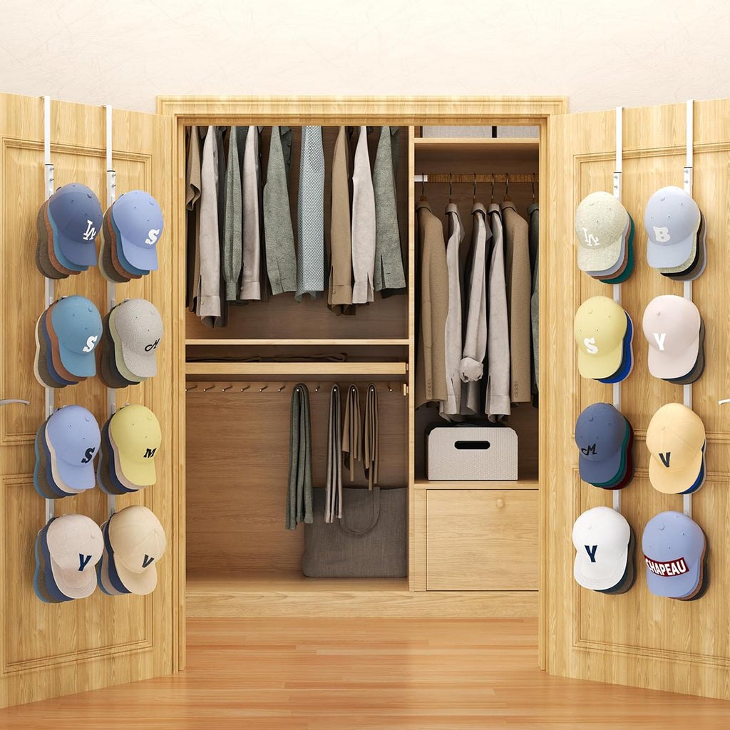 SWTYMIKI Over Door Hat Organizer - 4 Packs Metal Hanging Hat Rack with 16 Hooks Design, Baseball Cap Hanger Organizer Storage Holds up to 80 Caps for Door, Bedroom, Closet