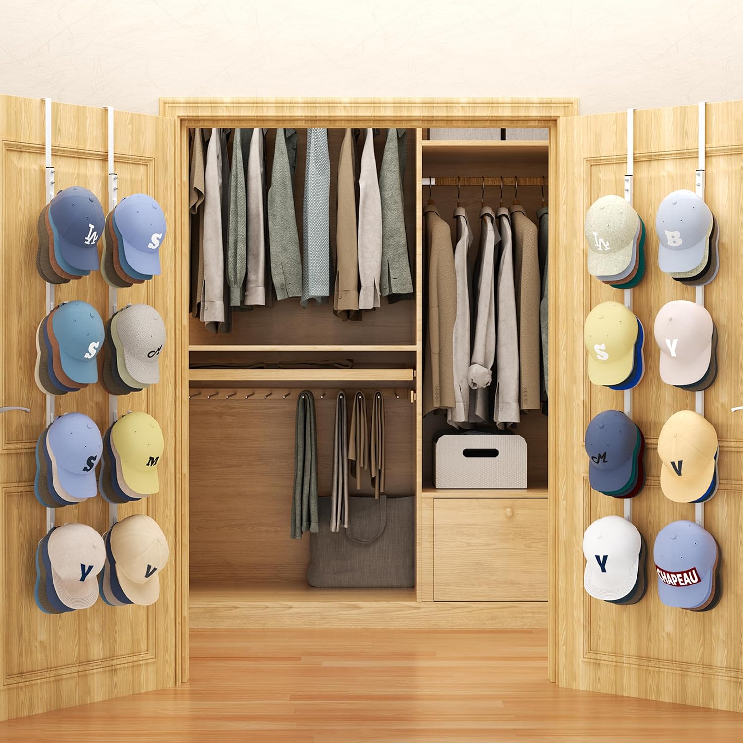 SWTYMIKI Over Door Hat Organizer - 4 Packs Metal Hanging Hat Rack with 16 Hooks Design, Baseball Cap Hanger Organizer Storage Holds up to 80 Caps for Door, Bedroom, Closet