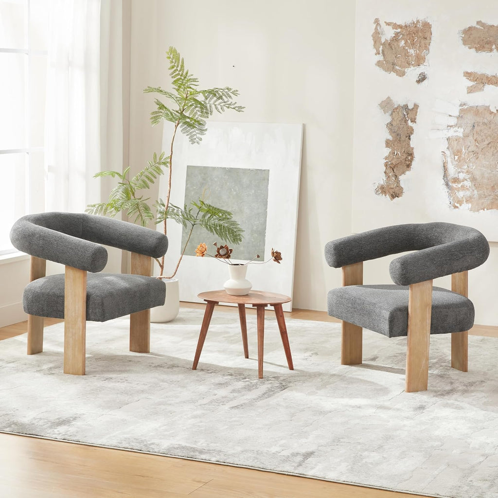 VKNOW Barrel Accent Chairs Set of 2 with Armrests and Rubberwood Legs | Mid Century Modern Upholstered Living Room Chairs with Open Back, Chenille Fabric, for Living Room, Bedroom, Dark Gray