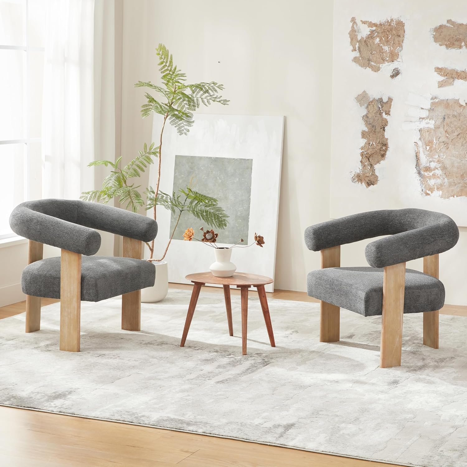 VKNOW Barrel Accent Chairs Set of 2 with Armrests and Rubberwood Legs | Mid Century Modern Upholstered Living Room Chairs with Open Back, Chenille Fabric, for Living Room, Bedroom, Dark Gray