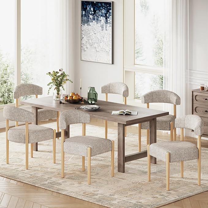 VKNOW Wooden Dining Chairs Set of 4, Modern Upholstered Dining Room Chairs with Rubberwood Legs and Curved Backrest, Fabric Kitchen Chairs for Farmhouse/Living Room/Dining Room, Brown