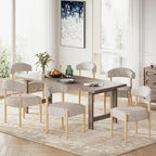 VKNOW Wooden Dining Chairs Set of 6, Modern Upholstered Dining Room Chairs with Rubberwood Legs and Curved Backrest, Fabric Kitchen Chairs for Farmhouse/Living Room/Dining Room, Brown