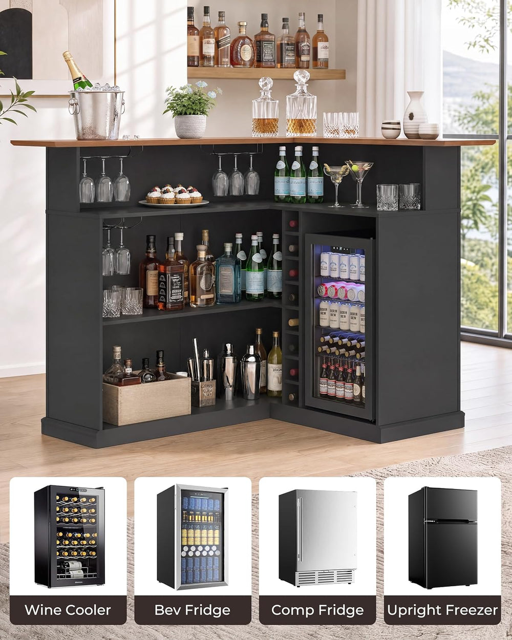 67" L Shaped Bar Cabinet with Fridge Space, Basement Bar