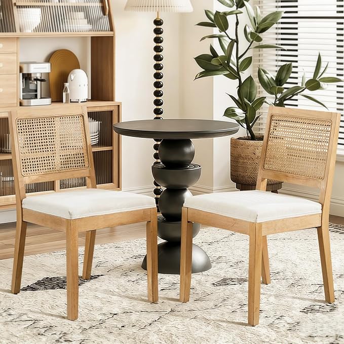 Rattan Dining Chairs Set of 2, French Country Cane Back Upholstered Kitchen C...